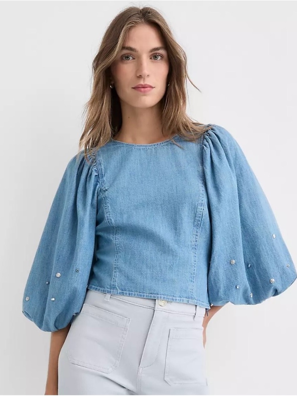 LOFT Studded Chambray Puff Sleeved Blouse NWT